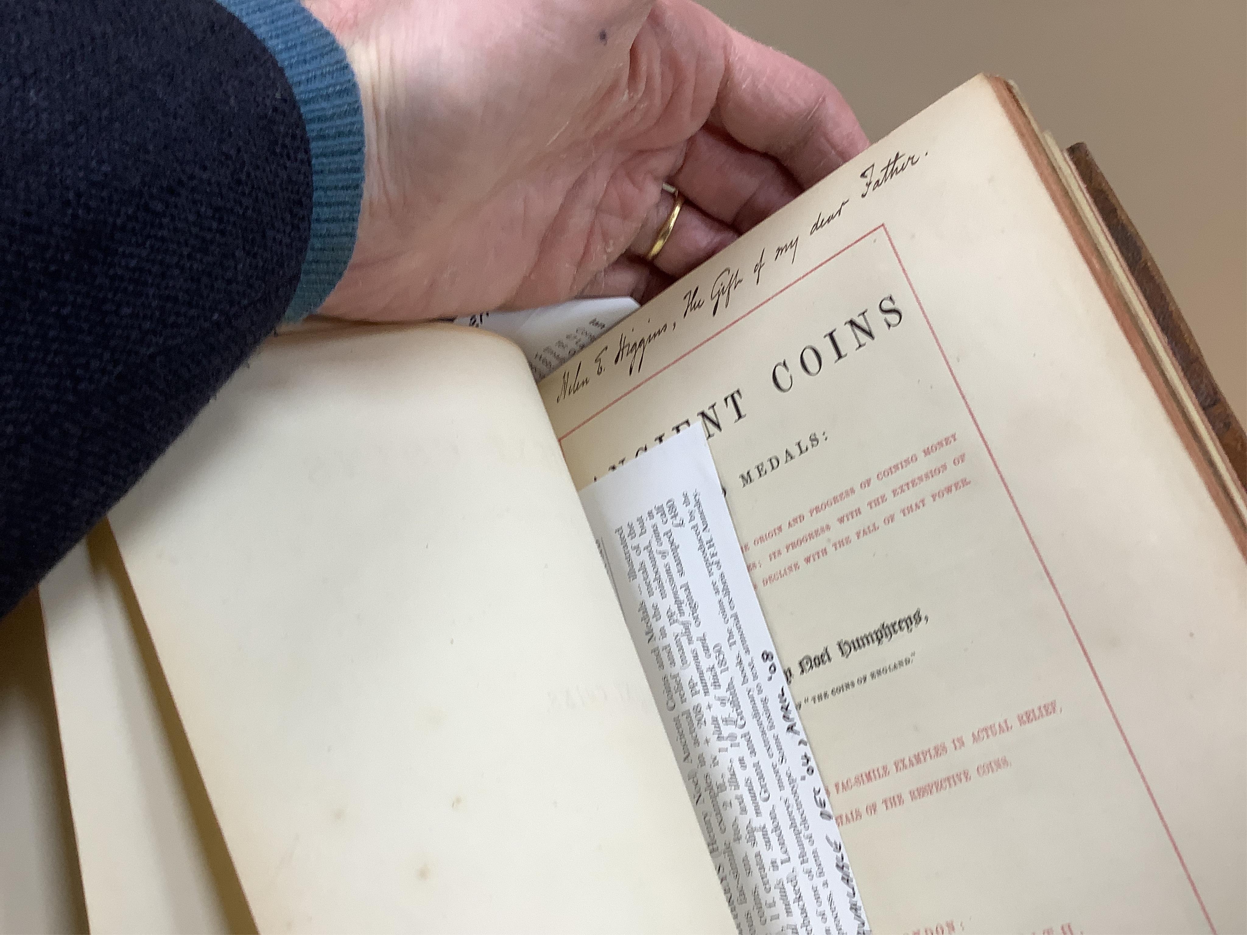 Humphreys, Henry Noel. Ancient Coins and Medals. London: Grant and Griffith, 1850. Octavo, original elaborately embossed full brown calf, marbled endpapers with 114 relief facsimiles of coins and medals on ten thick moun